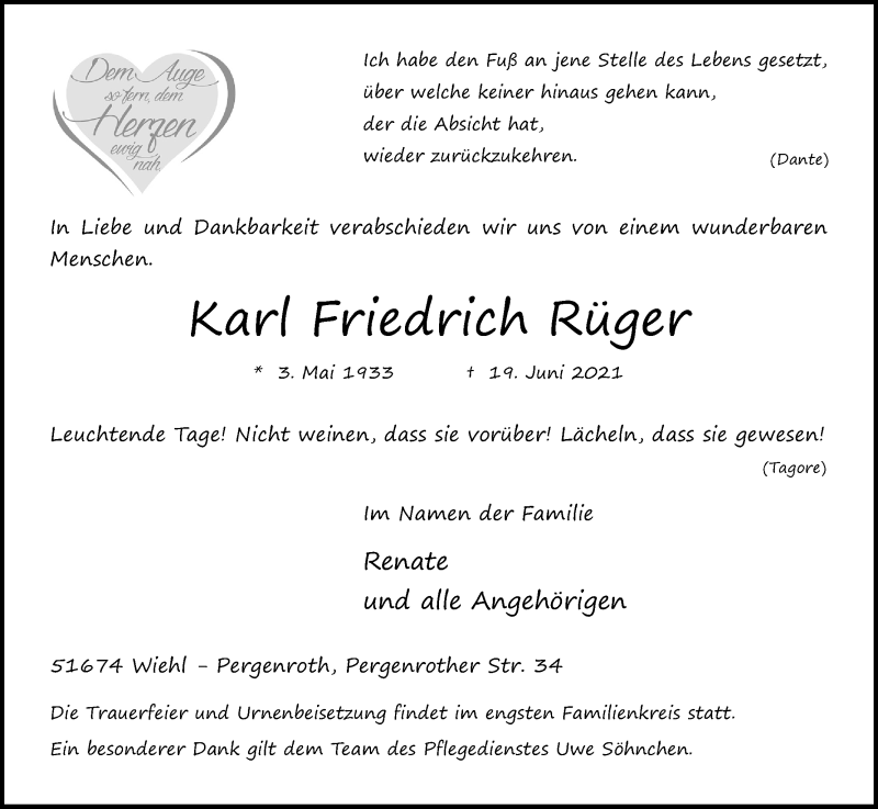  Traueranzeige für Karl Friedrich Rüger vom 26.06.2021 aus Kölner Stadt-Anzeiger / Kölnische Rundschau / Express