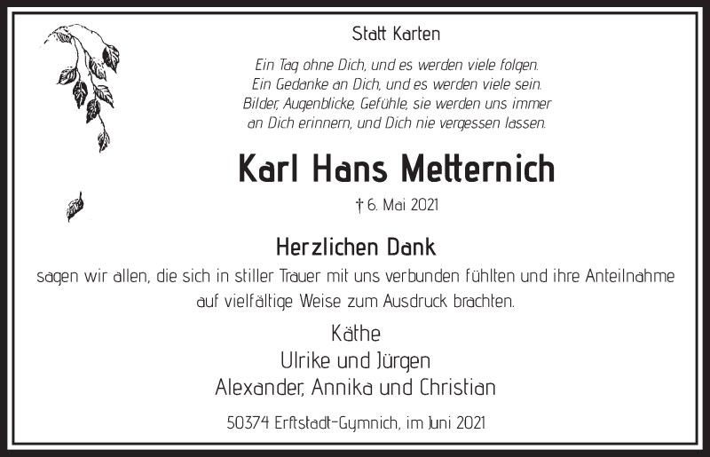  Traueranzeige für Karl Hans Metternich vom 18.06.2021 aus  Werbepost 