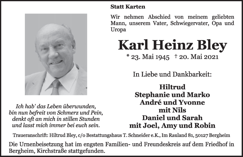  Traueranzeige für Karl Heinz Bley vom 04.06.2021 aus  Werbepost 