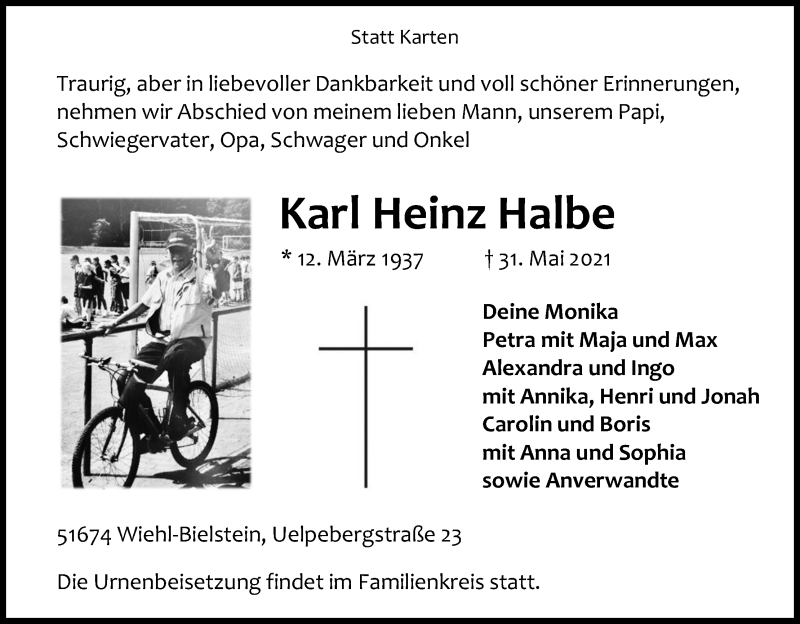  Traueranzeige für Karl Heinz Halbe vom 05.06.2021 aus Kölner Stadt-Anzeiger / Kölnische Rundschau / Express