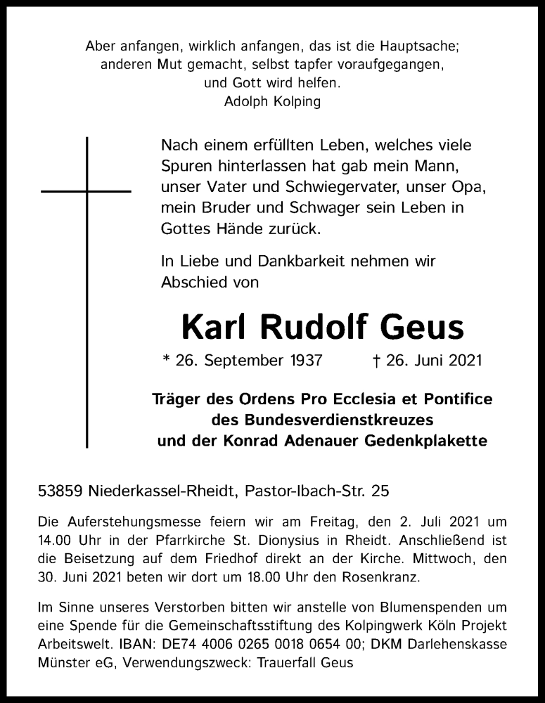  Traueranzeige für Karl Rudolf Geus vom 30.06.2021 aus Kölner Stadt-Anzeiger / Kölnische Rundschau / Express