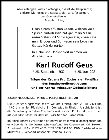 Anzeige von Karl Rudolf Geus von Kölner Stadt-Anzeiger / Kölnische Rundschau / Express