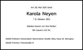 Anzeige von Karola Neyen von Kölner Stadt-Anzeiger / Kölnische Rundschau / Express