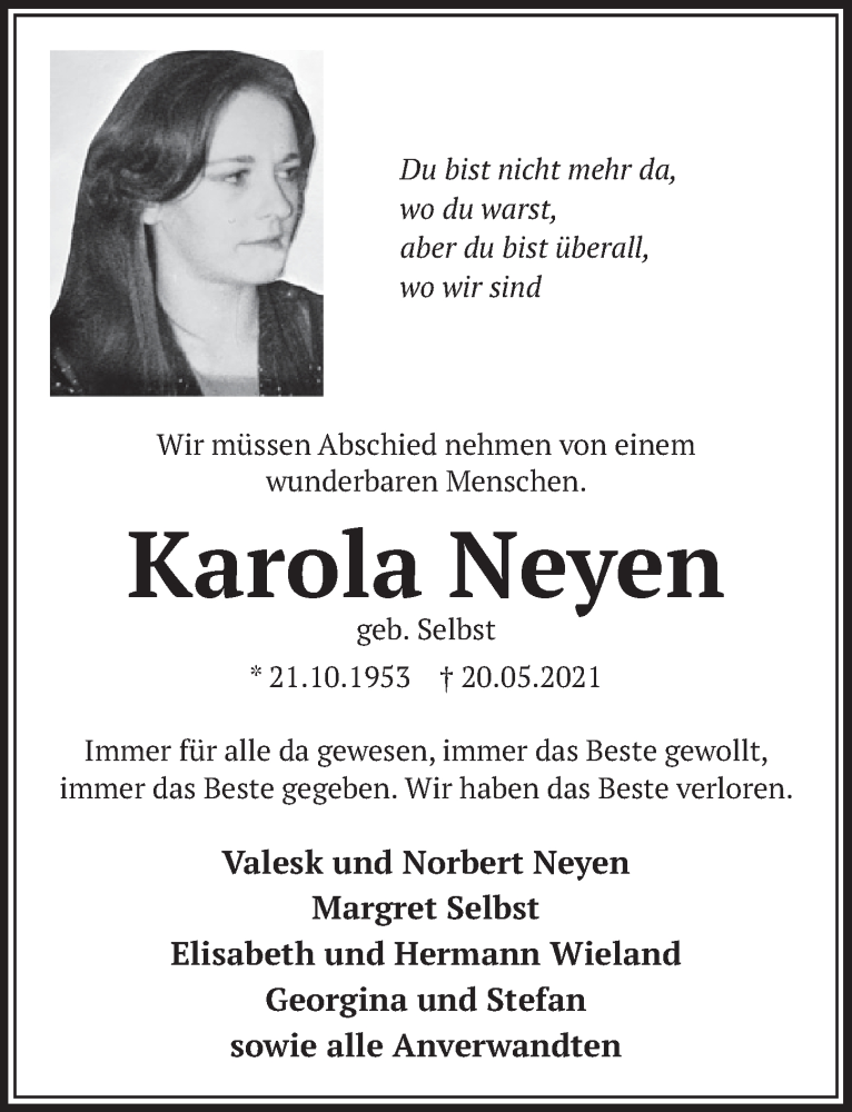  Traueranzeige für Karola Neyen vom 25.06.2021 aus  Wochenende 