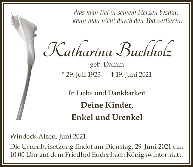 Traueranzeige für Katharina Buchholz vom 25.06.2021 aus  Lokalanzeiger 