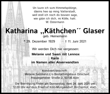 Anzeige von Katharina Glaser von Kölner Stadt-Anzeiger / Kölnische Rundschau / Express