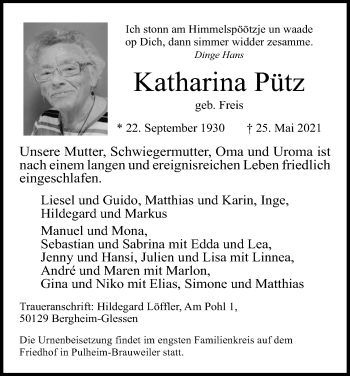 Anzeige von Katharina Pütz von Kölner Stadt-Anzeiger / Kölnische Rundschau / Express