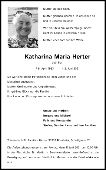 Anzeige von Katharina Maria Herter von Kölner Stadt-Anzeiger / Kölnische Rundschau / Express