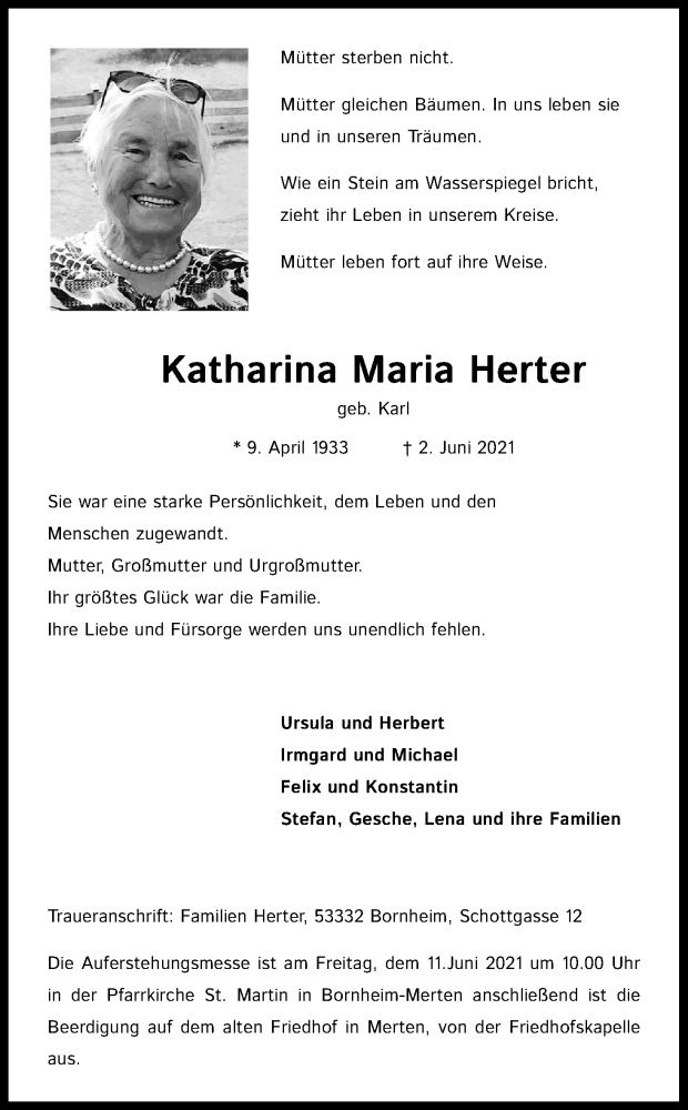  Traueranzeige für Katharina Maria Herter vom 09.06.2021 aus Kölner Stadt-Anzeiger / Kölnische Rundschau / Express