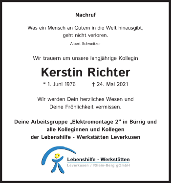 Anzeige von Kerstin Richter von Kölner Stadt-Anzeiger / Kölnische Rundschau / Express