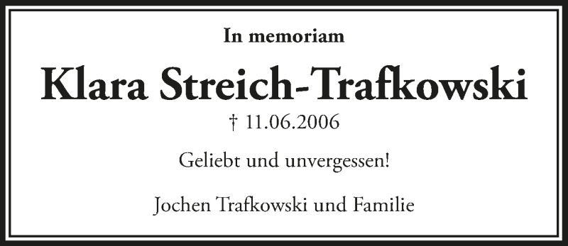  Traueranzeige für Klara Streich-Trafkowski vom 11.06.2021 aus  Schlossbote/Werbekurier 