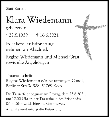 Anzeige von Klara Wiedemann von Kölner Stadt-Anzeiger / Kölnische Rundschau / Express