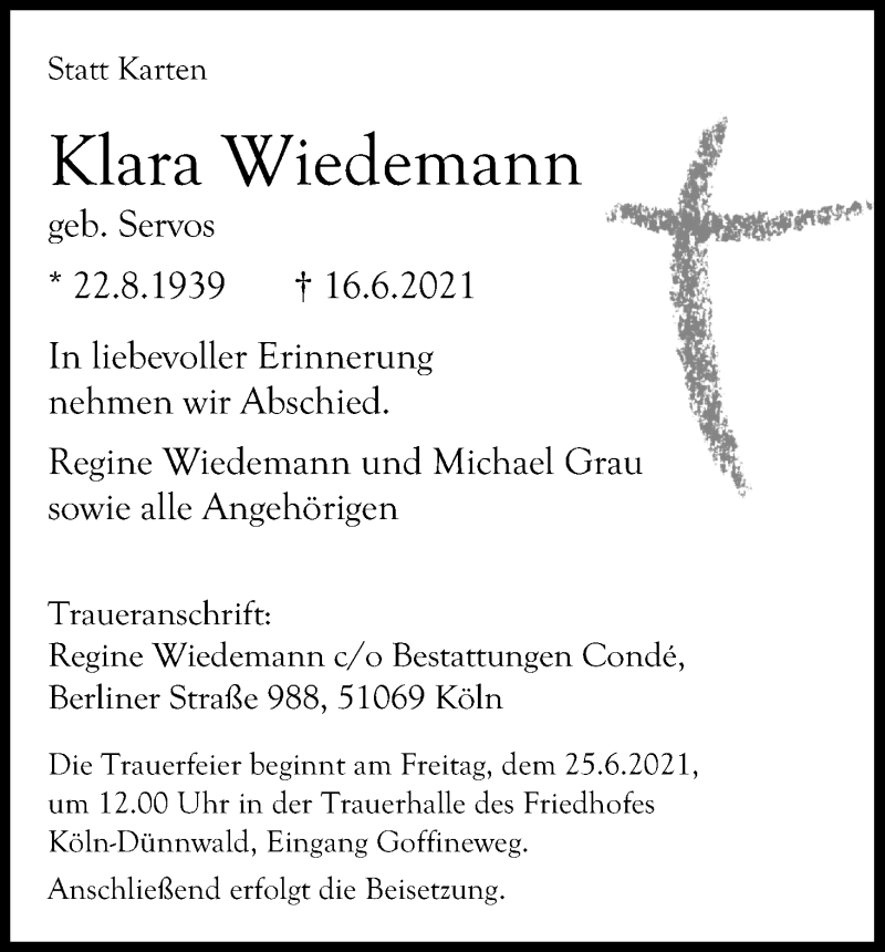  Traueranzeige für Klara Wiedemann vom 23.06.2021 aus Kölner Stadt-Anzeiger / Kölnische Rundschau / Express