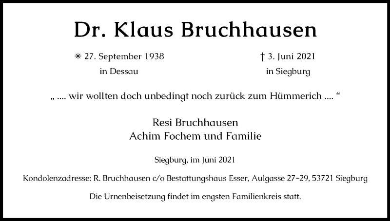  Traueranzeige für Klaus Bruchhausen vom 12.06.2021 aus Kölner Stadt-Anzeiger / Kölnische Rundschau / Express