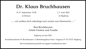Anzeige von Klaus Bruchhausen von Kölner Stadt-Anzeiger / Kölnische Rundschau / Express