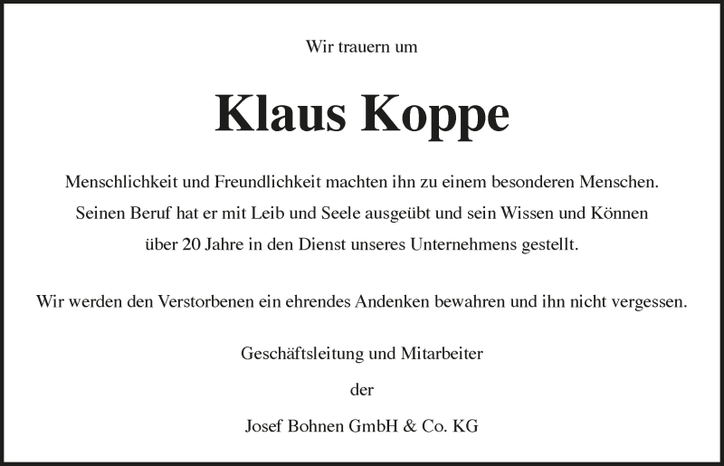  Traueranzeige für Klaus Koppe vom 25.06.2021 aus  Schaufenster/Blickpunkt 