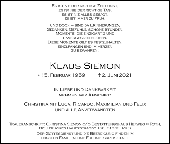 Anzeige von Klaus Siemon von Kölner Stadt-Anzeiger / Kölnische Rundschau / Express