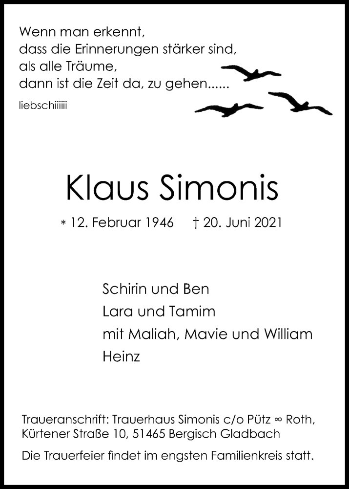 Traueranzeige für Klaus Simonis vom 26.06.2021 aus Kölner Stadt-Anzeiger / Kölnische Rundschau / Express