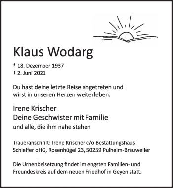 Anzeige von Klaus Wodarg von  Wochenende 
