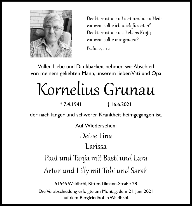  Traueranzeige für Kornelius Grunau vom 25.06.2021 aus  Lokalanzeiger 