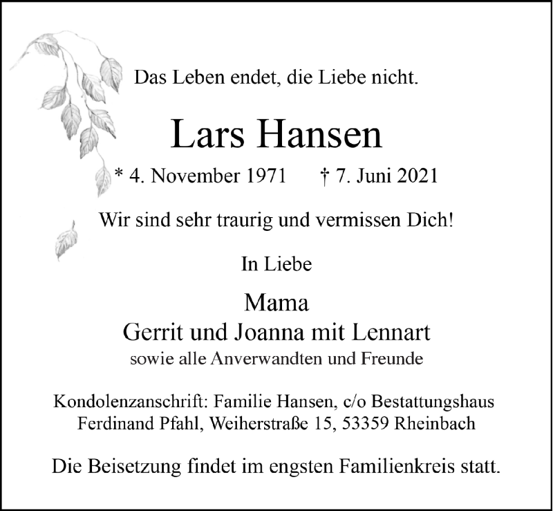  Traueranzeige für Lars Hansen vom 18.06.2021 aus  Schaufenster/Blickpunkt 