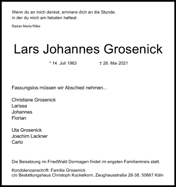 Anzeige von Lars Johannes Grosenick von Kölner Stadt-Anzeiger / Kölnische Rundschau / Express