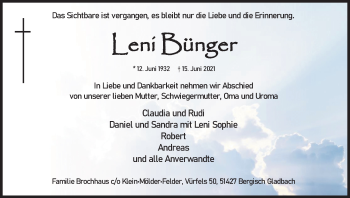 Anzeige von Leni Bünger von Kölner Stadt-Anzeiger / Kölnische Rundschau / Express