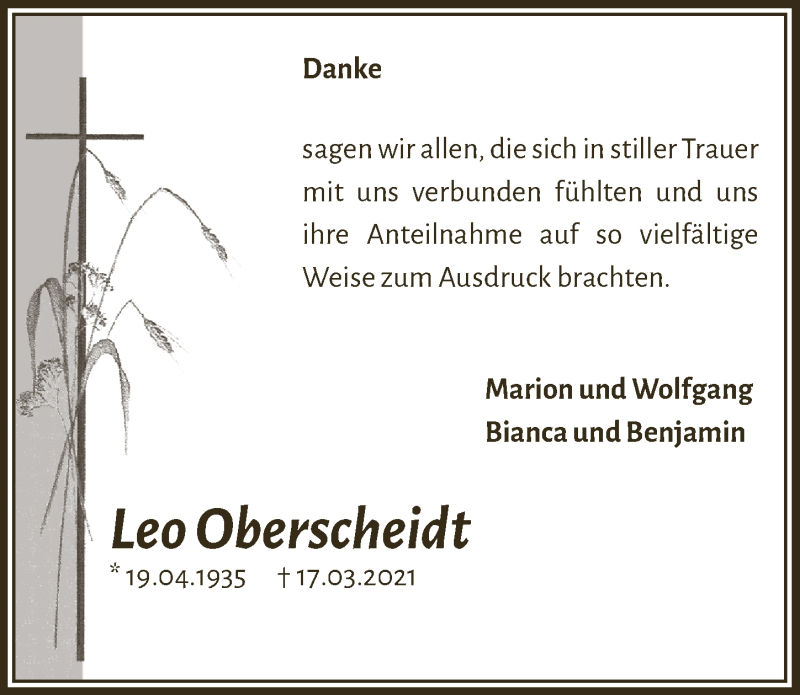  Traueranzeige für Leo Oberscheidt vom 18.06.2021 aus  Bergisches Handelsblatt 