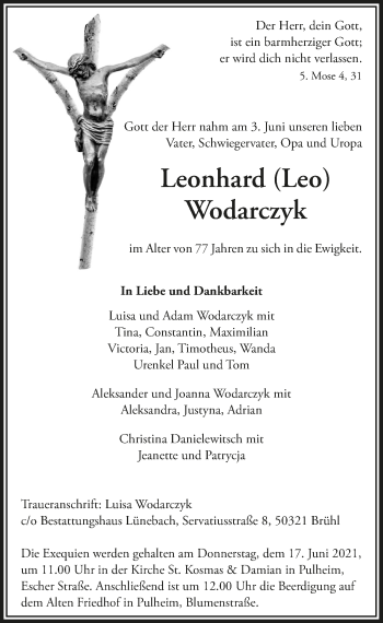 Anzeige von Leonhard Wodarczyk von  Wochenende 