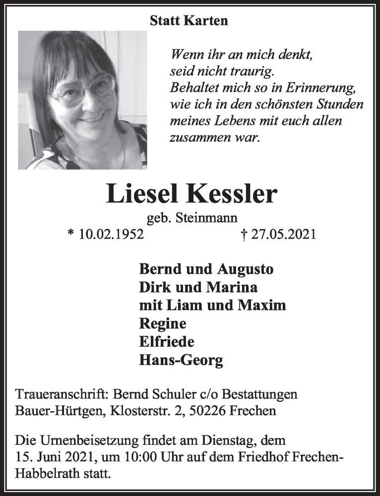  Traueranzeige für Liesel Kessler vom 11.06.2021 aus  Wochenende 