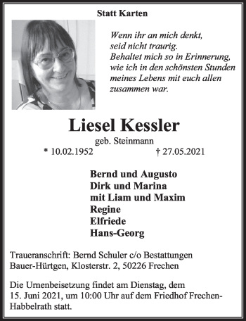 Anzeige von Liesel Kessler von  Wochenende 