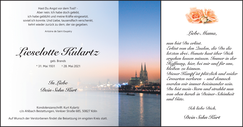  Traueranzeige für Lieselotte Kulartz vom 12.06.2021 aus Kölner Stadt-Anzeiger / Kölnische Rundschau / Express