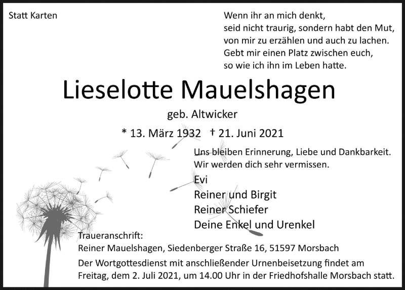  Traueranzeige für Lieselotte Mauelshagen vom 25.06.2021 aus  Lokalanzeiger 