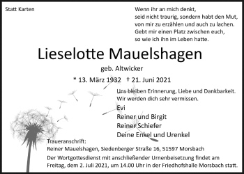 Anzeige von Lieselotte Mauelshagen von  Lokalanzeiger 