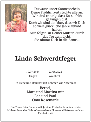 Anzeige von Linda Schwerdtfeger von Kölner Stadt-Anzeiger / Kölnische Rundschau / Express