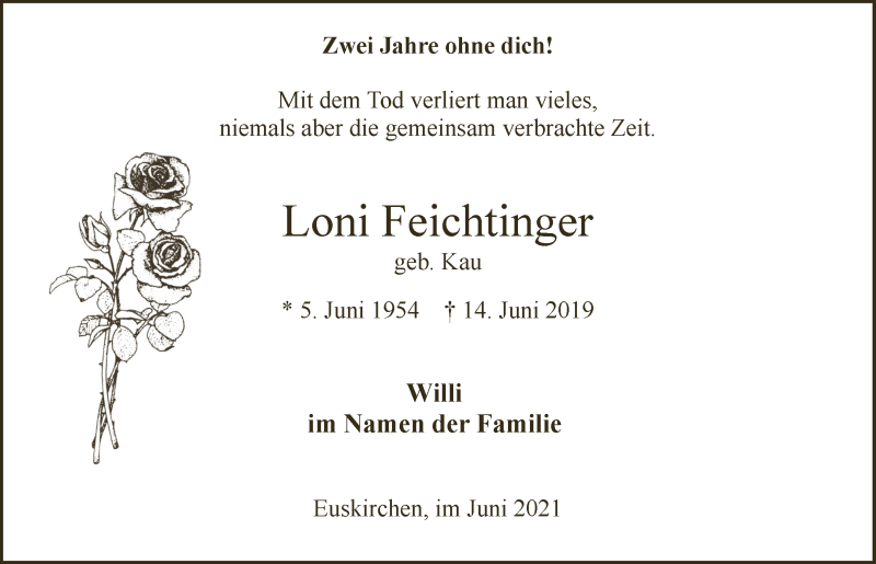  Traueranzeige für Loni Feichtinger vom 12.06.2021 aus  Blickpunkt Euskirchen 