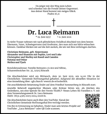 Anzeige von Luca Reimann von Kölner Stadt-Anzeiger / Kölnische Rundschau / Express
