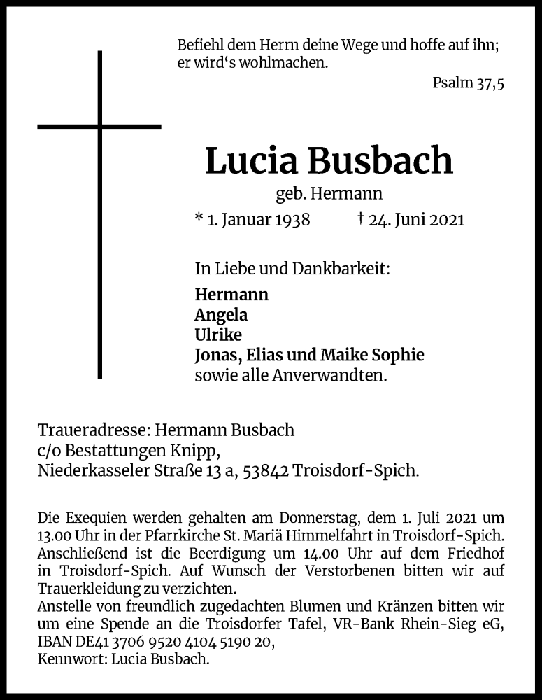  Traueranzeige für Lucia Busbach vom 29.06.2021 aus Kölner Stadt-Anzeiger / Kölnische Rundschau / Express