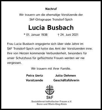 Anzeige von Lucia Busbach von Kölner Stadt-Anzeiger / Kölnische Rundschau / Express