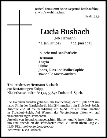 Anzeige von Lucia Busbach von Kölner Stadt-Anzeiger / Kölnische Rundschau / Express