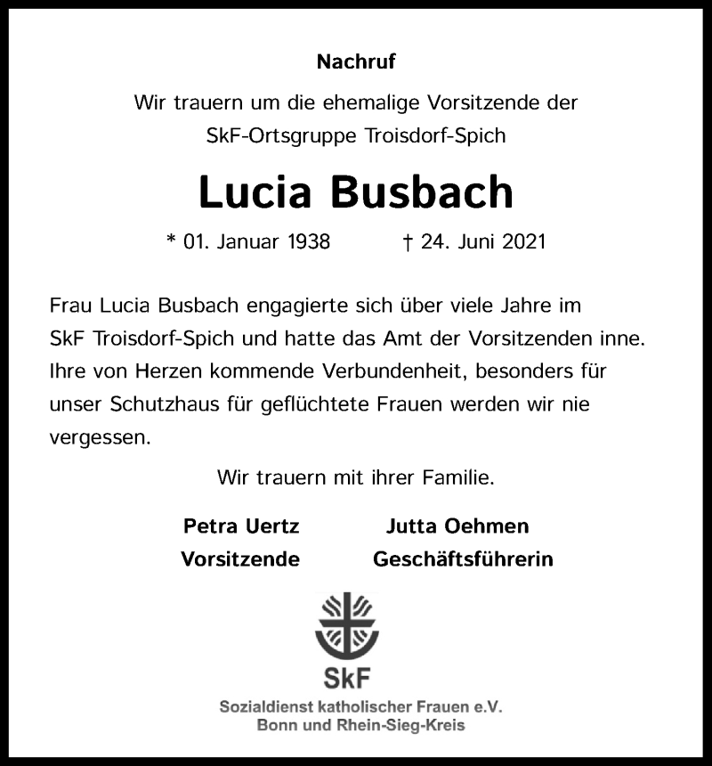  Traueranzeige für Lucia Busbach vom 30.06.2021 aus Kölner Stadt-Anzeiger / Kölnische Rundschau / Express
