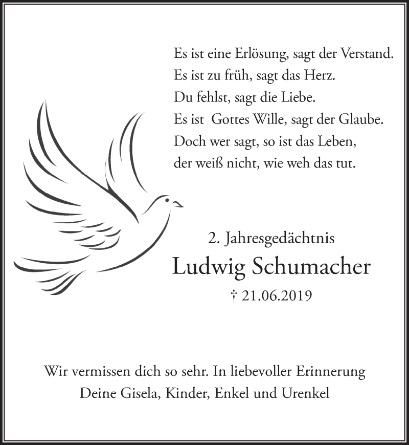  Traueranzeige für Ludwig Schumacher vom 18.06.2021 aus  Schlossbote/Werbekurier 