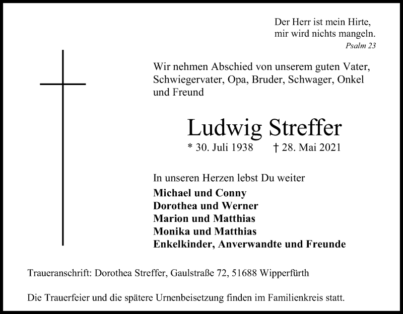  Traueranzeige für Ludwig Streffer vom 02.06.2021 aus Kölner Stadt-Anzeiger / Kölnische Rundschau / Express