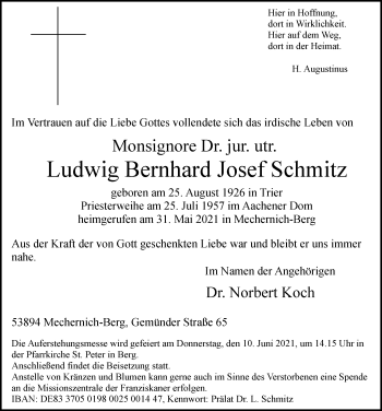 Anzeige von Ludwig Bernhard Josef Schmitz von  Blickpunkt Euskirchen 
