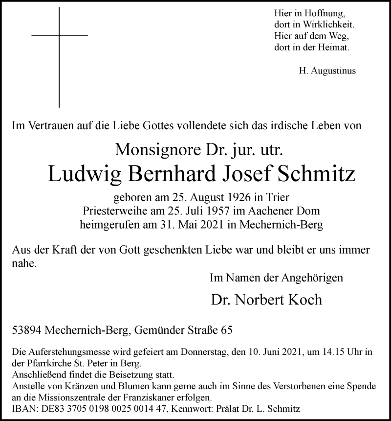  Traueranzeige für Ludwig Bernhard Josef Schmitz vom 05.06.2021 aus  Blickpunkt Euskirchen 