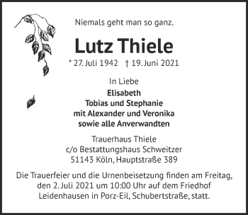Anzeige von Lutz Thiele von  Kölner Wochenspiegel 