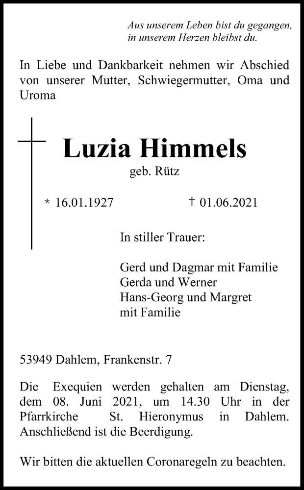  Traueranzeige für Luzia Himmels vom 05.06.2021 aus Kölner Stadt-Anzeiger / Kölnische Rundschau / Express