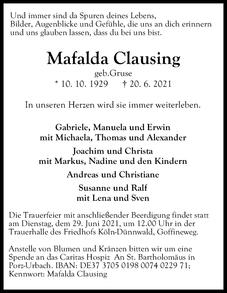  Traueranzeige für Mafalda Clausing vom 26.06.2021 aus Kölner Stadt-Anzeiger / Kölnische Rundschau / Express