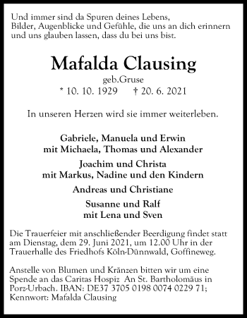 Anzeige von Mafalda Clausing von Kölner Stadt-Anzeiger / Kölnische Rundschau / Express