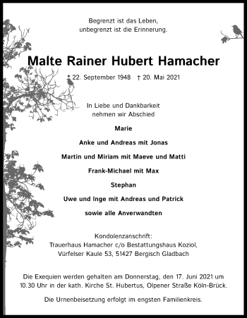 Anzeige von Malte Hamacher von Kölner Stadt-Anzeiger / Kölnische Rundschau / Express